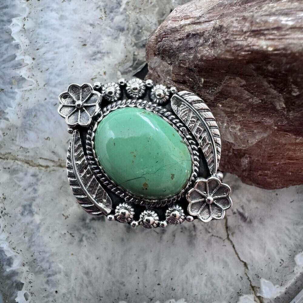 Sterling Southwestern Style Oval Green Turquoise Adjustable Decorated Ring